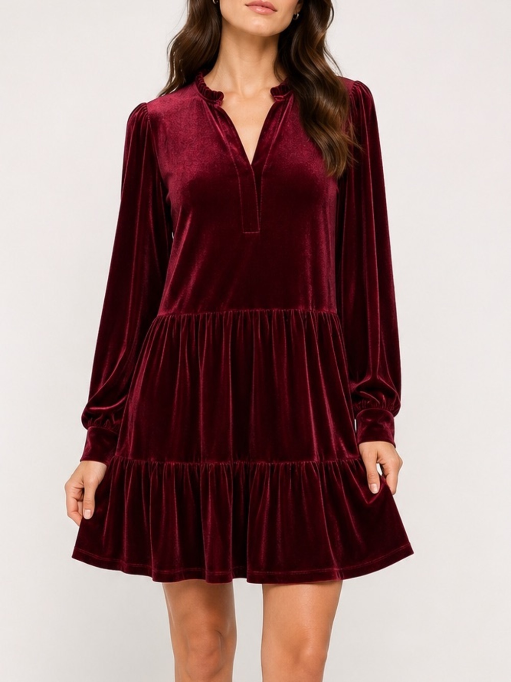 1. State Burgundy Velvet Tiered Dress